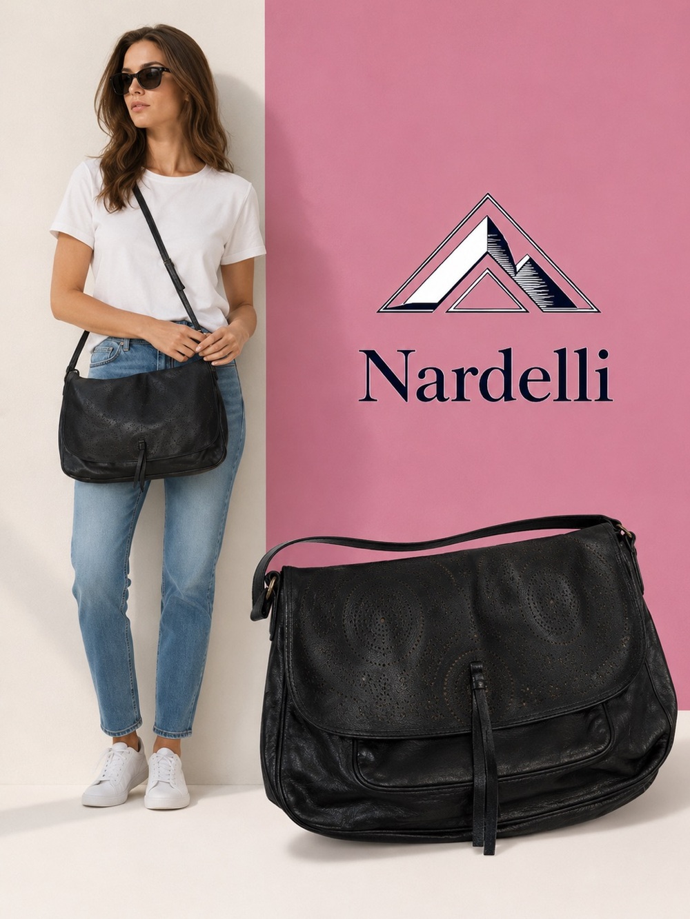 Nardelli Italian Leather Shoulder Bag Black Laser Cut Hobo Y2K 90s Minimalist